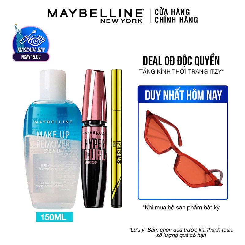 [Bộ trang điểm] Bút kẻ mắt Hyper Sharp 0.5 + Mascara Hyper Curl 0.2ml + Tẩy trang mắt môi 150ml Maybelline New York